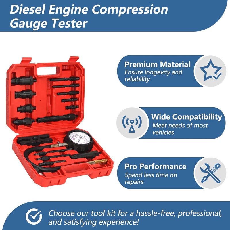Bicos Diesel Engine Compression Tester Kit with 0-1000 psi Gauge and Adapters Cylinder Pressure Test Tool Kit Diesel Injector Tester Check Cylinders in Diesel Car & Truck - Image 4